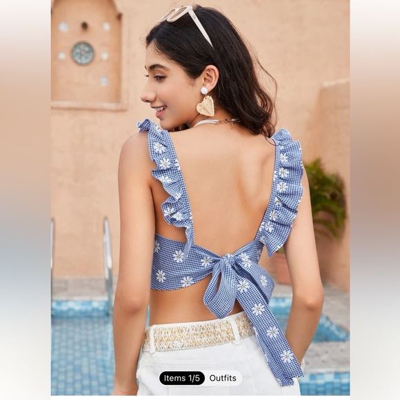 womens M/6 Crop top Daisy Print Tie Front Ruffle Trim Wide Strap blue - Picture 3 of 11